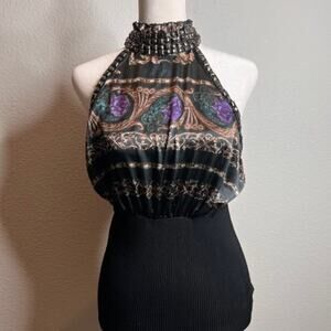 2b Bebe Studded Silky Print Sexy Black Halter Top Blouse Sz Medium